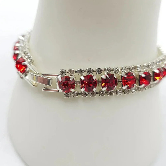 Clear Red Rhinestone Stone Slide Link Bangle Bracelet Silver Tone Vintage - Picture 2 of 5